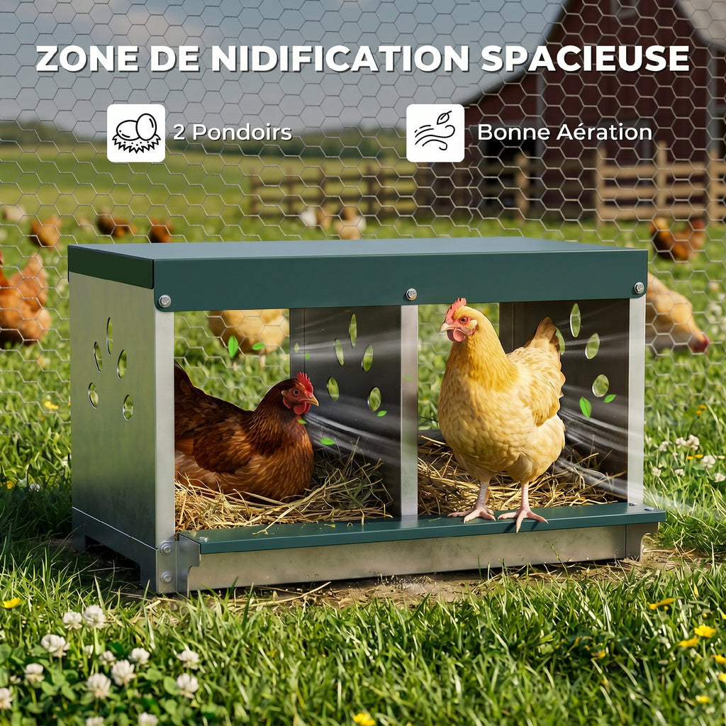 Pondoir à Poules 2 Emplacements, Imperméable, Trous d'Aération, Facile à Nettoyer, 54,5x42,5x35,5cm, Acier, Argent-3