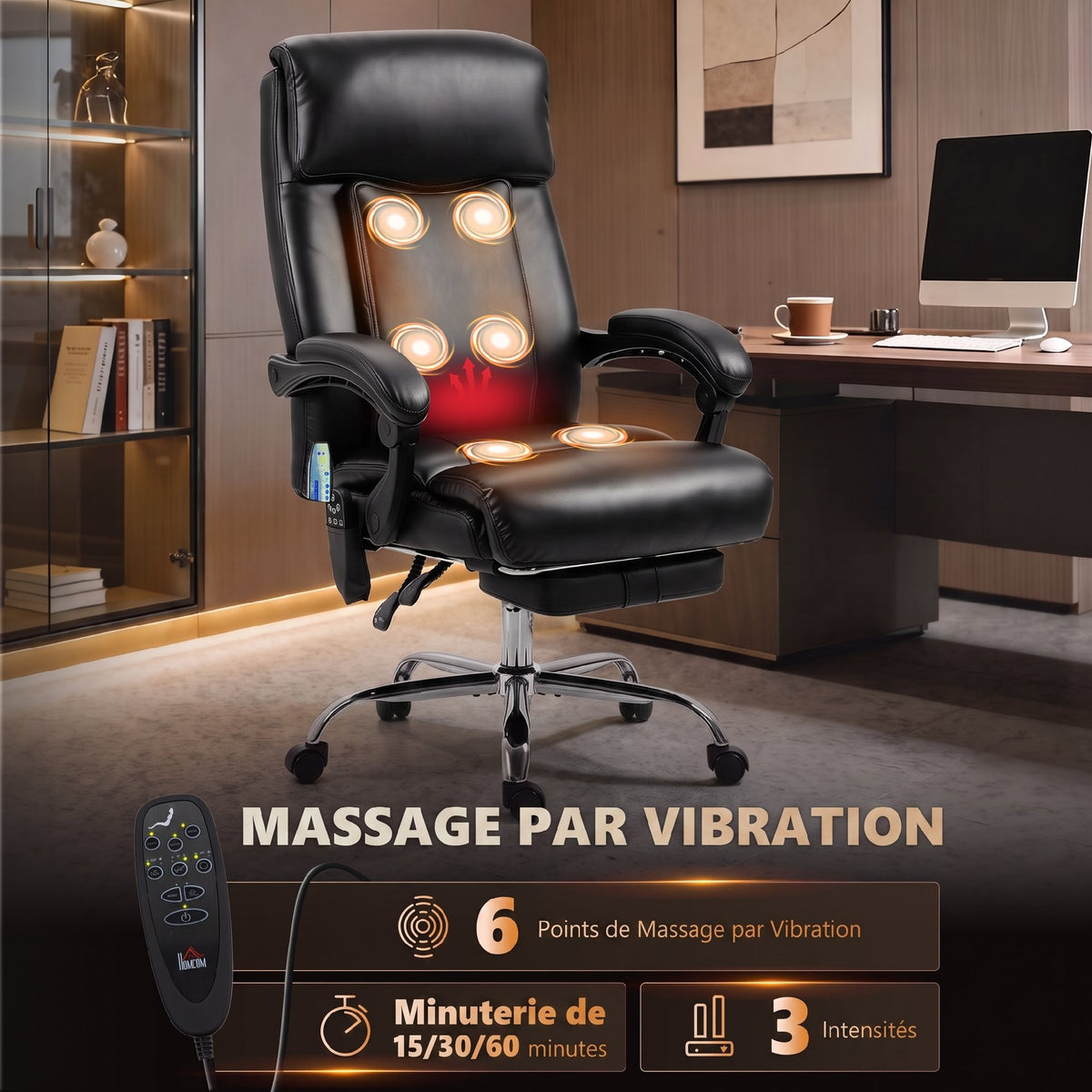Fauteuil de Bureau Massant Vibrant et Chauffant, Chaise Bureau Ergonomique en PU avec Hauteur Réglable, Noir-3