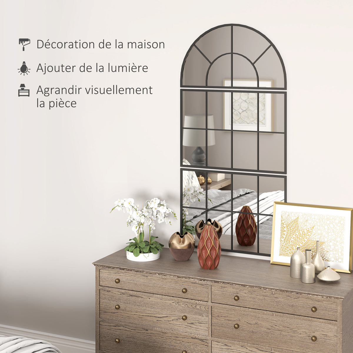 Miroir mural arqué miroir mural en forme de fenêtre ensemble de 3 pièces cadre en métal 76 x 43 cm noir-4