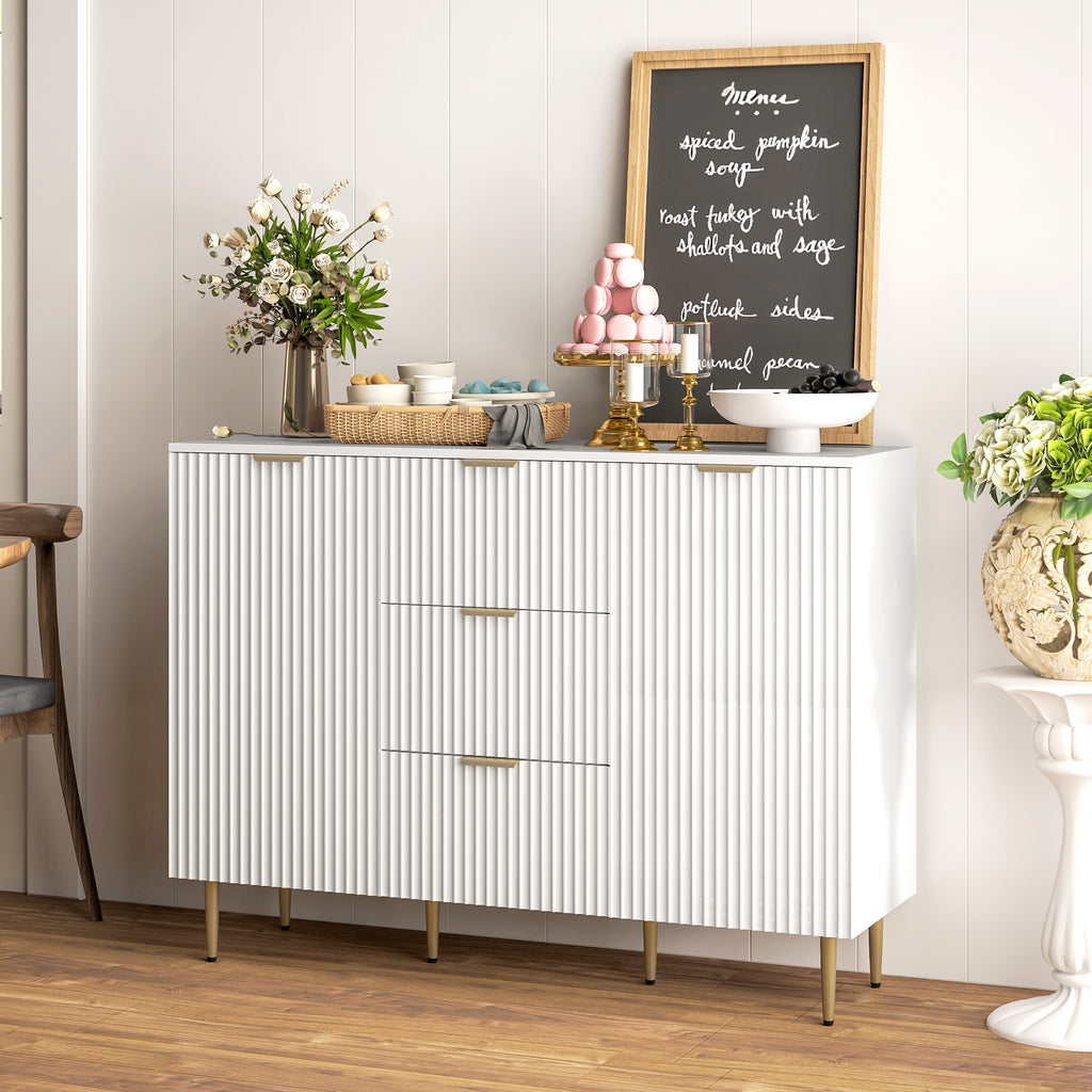 Buffet meuble cuisine rangement avec 3 tiroirs, étagères réglables, placards à portes cannelées, 120 x 40 x 90 cm, blanc-9