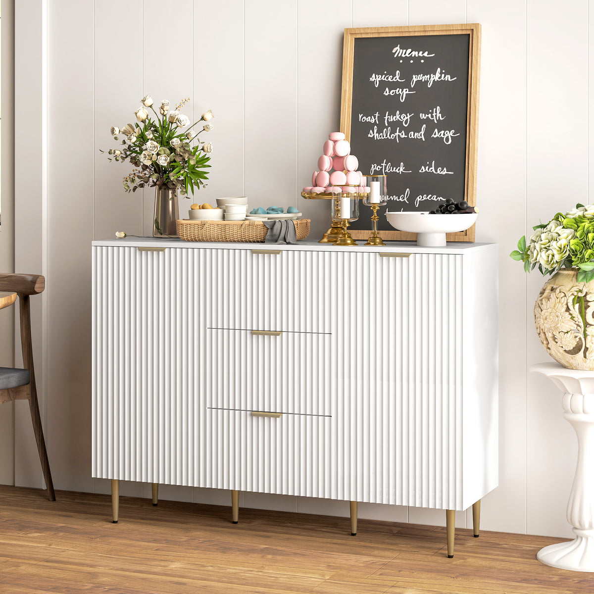 Buffet meuble cuisine rangement avec 3 tiroirs, étagères réglables, placards à portes cannelées, 120 x 40 x 90 cm, blanc-9