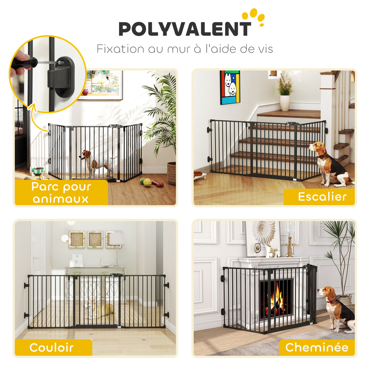 Barriere de securite chien pliable avec porte en acier 3 panneaux modulable fermeture automatique 202,5 x 2 x 76 cm noir-7