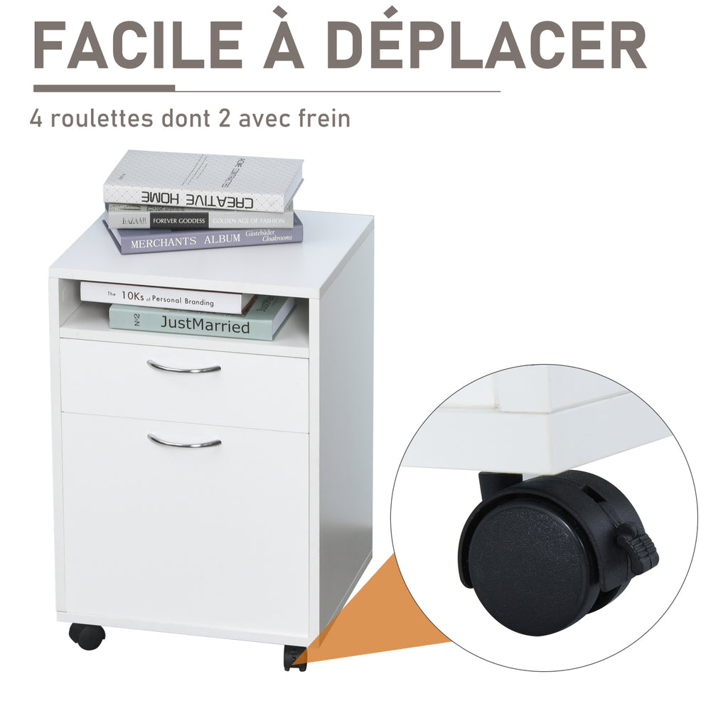 Caisson de bureau rangement bureau sur roulettes tiroir placard niche panneaux particules blanc-5