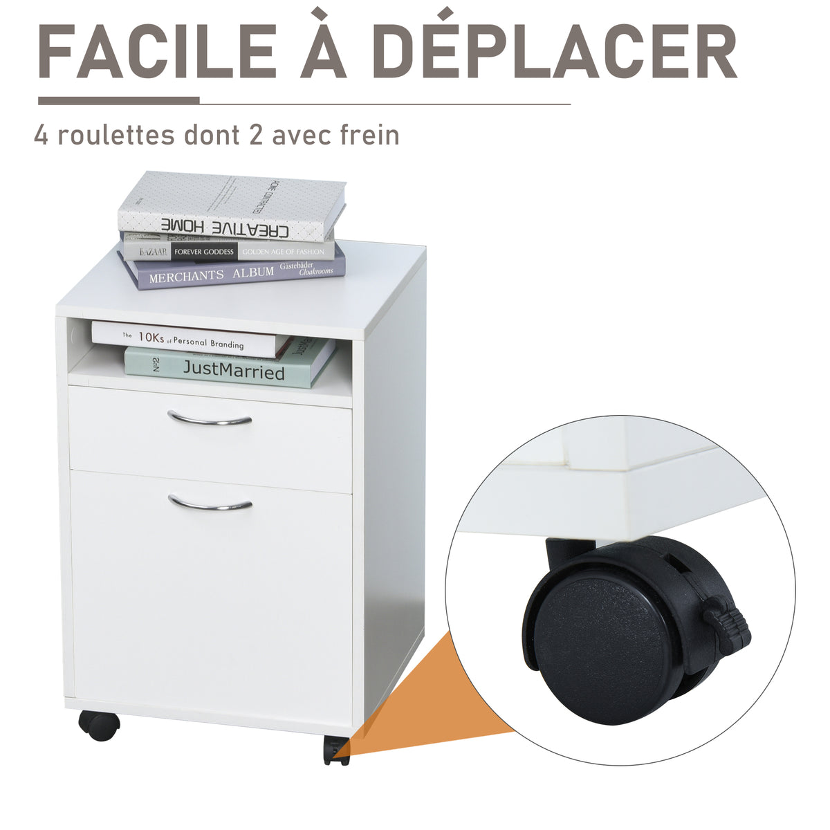 Caisson de bureau rangement bureau sur roulettes tiroir placard niche panneaux particules blanc-5