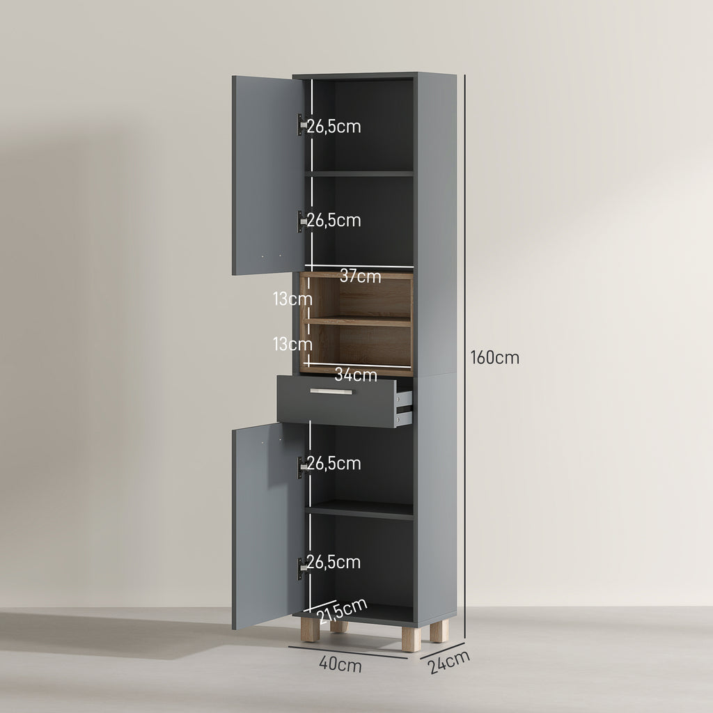 Colonne salle de bain, meuble salle de bain rangement avec 2 placards, tiroir et 2 compartiments ouverts, gris-2