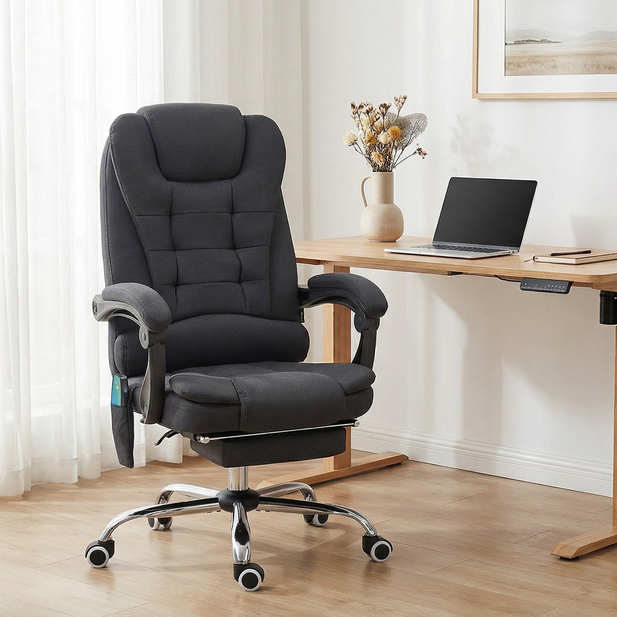Fauteuil de bureau direction massant chauffant hauteur réglable dossier inclinable toile de lin noir-9