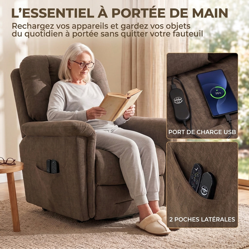 Fauteuil Releveur Électrique Massage et Chaleur Fauteuil Relax Électrique Velours Port USB Dossier Inclinable Marron-6
