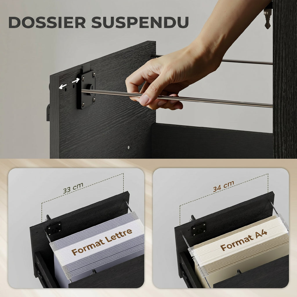 Caisson bureau mobile à 2 tiroirs, meuble rangement bureau sur roulettes pour documents suspendus format lettre, noir-4