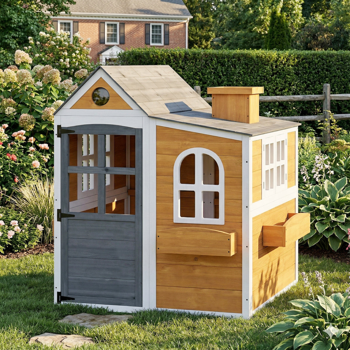 Cabane enfant extérieur en bois, maison enfant extérieure/intérieure avec porte, fenêtres, 3 bacs à fleurs, jaune-1