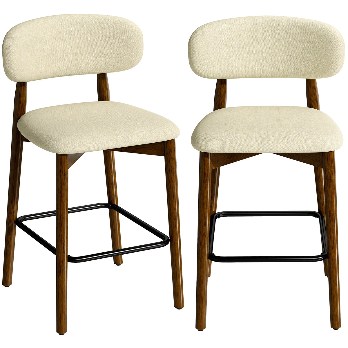 Lot de 2 Tabourets de Bar, Chaises de Bar en Chenille, Assise Rembourrée, Dossier et Repose-Pieds, Pieds en Bois, Beige-0