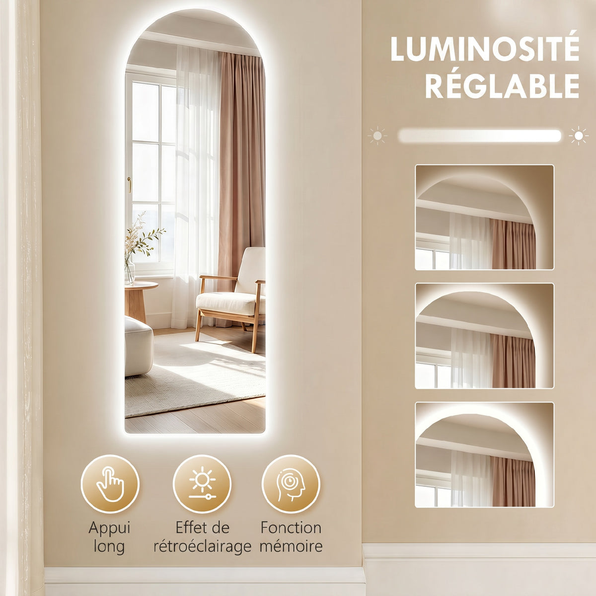 Grand miroir mural 120 x 40 cm avec éclairage LED miroir arqué, intensité variable et 3 couleurs d'éclairage transparent-5