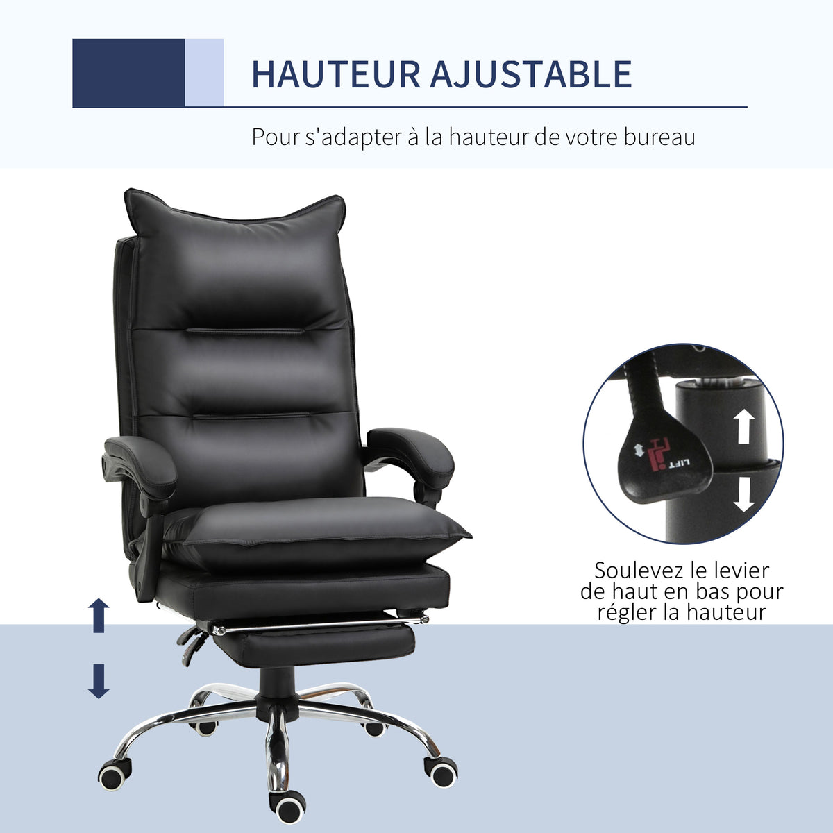 Fauteuil de bureau, chaise bureau ergonomique en similicuir avec large assise rembourrée, dossier inclinable, hauteur réglable, accoudoirs et repose-pied intégrés, charge 135 Kg, noir-3