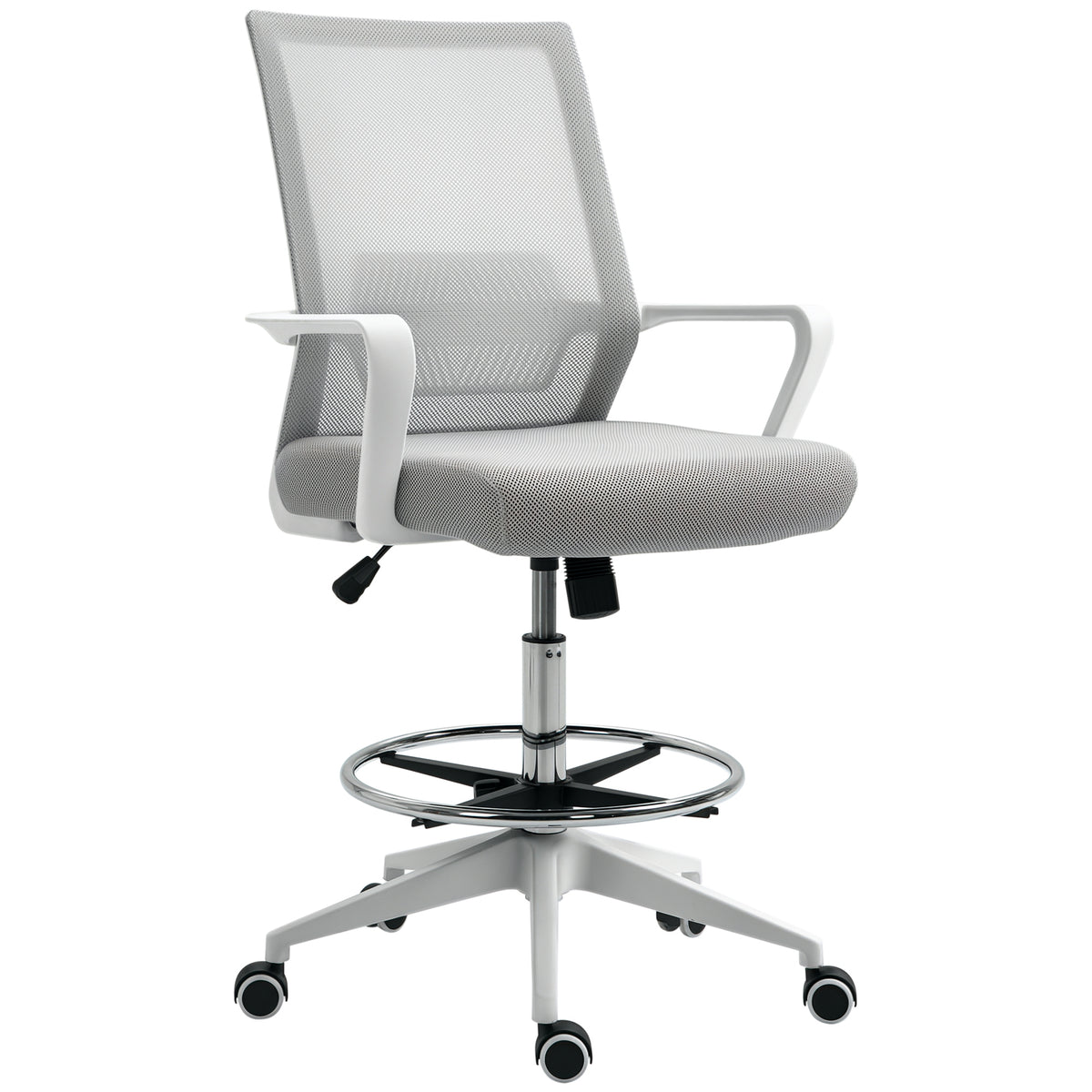 Fauteuil de bureau chaise de bureau assise haute réglable dim. 64L x 59l x 104-124H cm tabouret de bureau pivotant 360° maille respirante gris et blanc-0