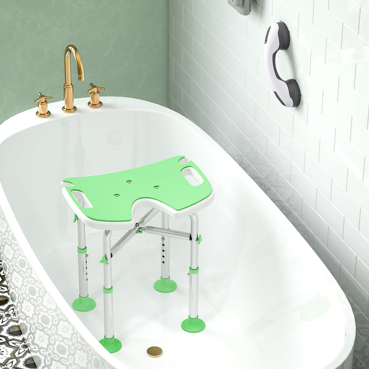 Tabouret de Douche, Hauteur Ajustable 39-51,5 cm, Barre d'Appui à Ventouse, Patins à Ventouse, Vert-7