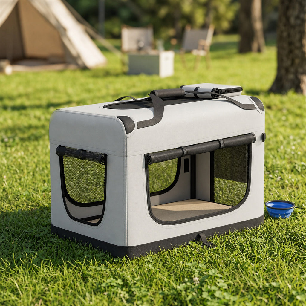 Grand Sac Transport Chat Chien Plaible Respirant Sangle Sécurité Coussin Lavable Gamelle Pliable 81x56x58cm Gris Clair-1