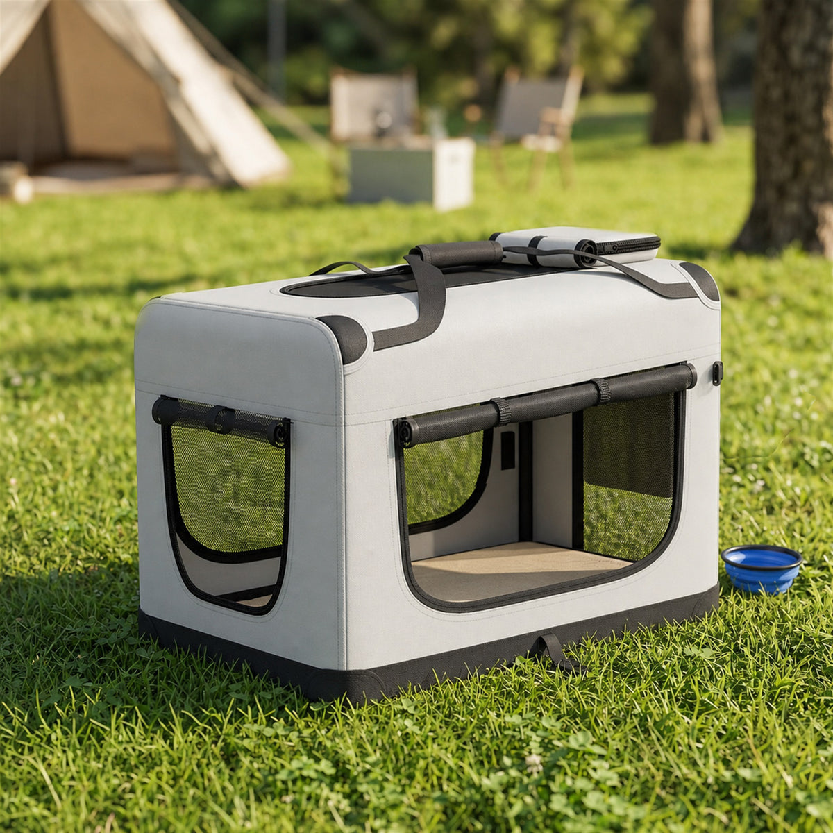 Grand Sac Transport Chat Chien Plaible Respirant Sangle Sécurité Coussin Lavable Gamelle Pliable 81x56x58cm Gris Clair-1