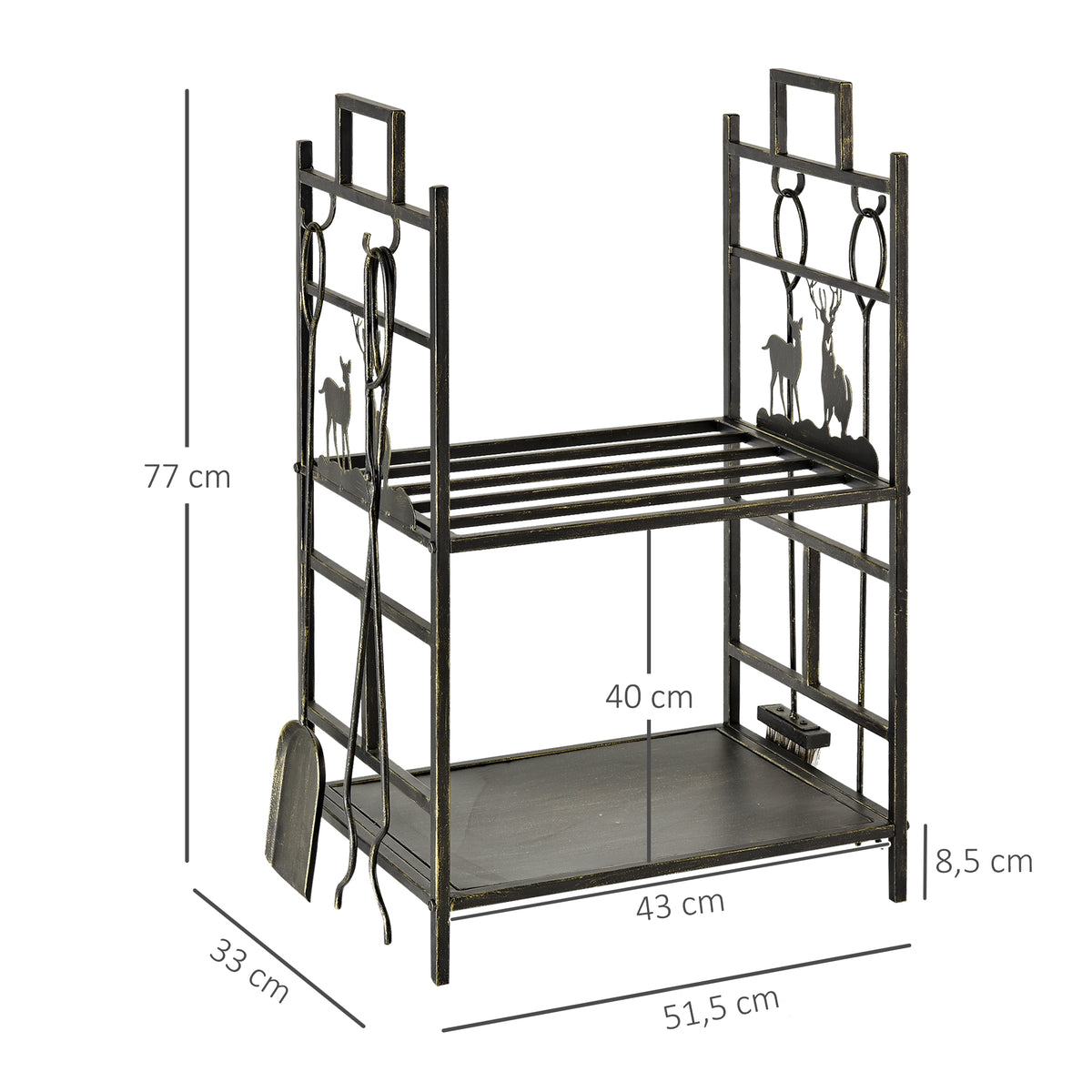 Porte-bûches range bûches étagère à bois de cheminée serviteur de cheminée cerf multi-accessoires 2 étagères dim. 51,5L x 33l x 77H cm métal noir or vieilli-2