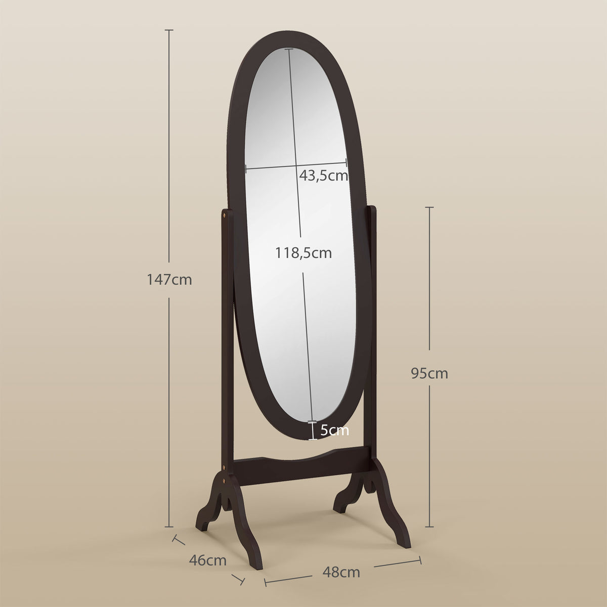 Miroir à pied ovale style shabby chic inclinaison réglable 48 x 46 x 147 cm mdf café-2