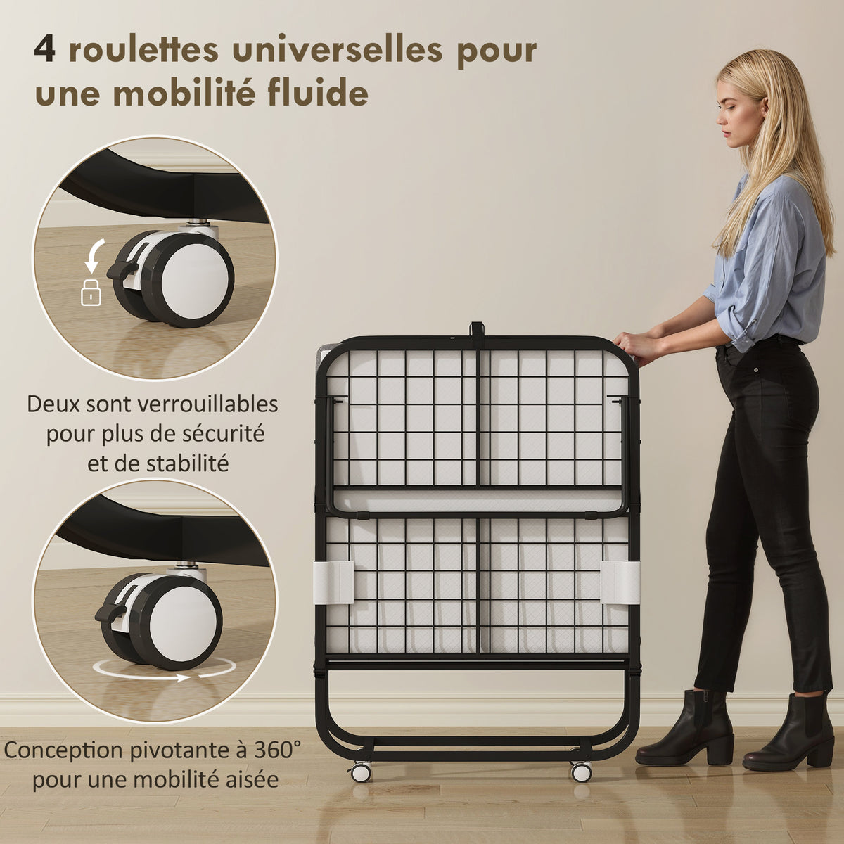 Lit pliant 1 personne 200 x 80 cm avec matelas, lit d'appoint pliable et portable sur roulettes, cadre en acier, blanc-6