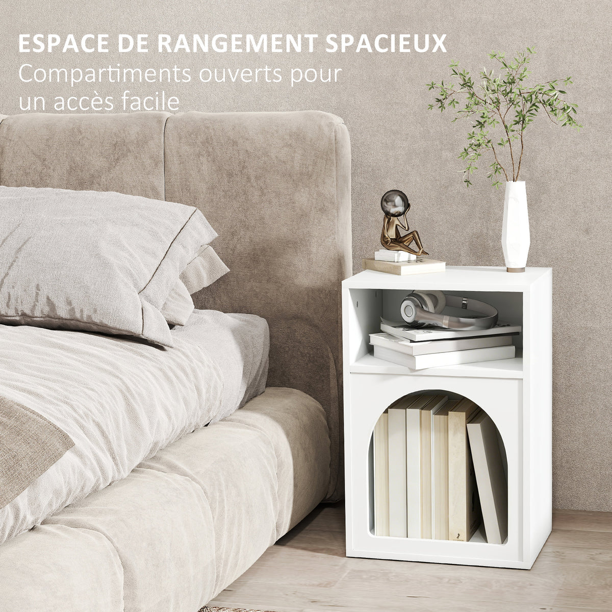 Lot de 2 tables de chevet, table de nuit avec compartiments ouverts, design arqué, 40 x 30 x 60 cm, blanc-4