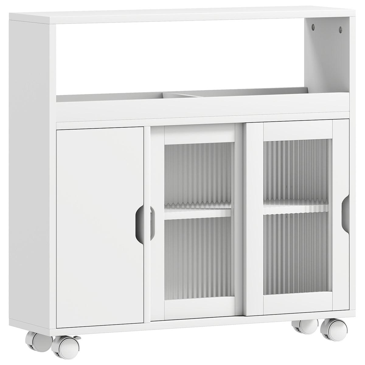 Meuble de Salle de Bain sur Roulettes, Portes en Verre Trempé, Compartiment Ouvert, Étagère Réglable, 71x20x70cm, Blanc-0