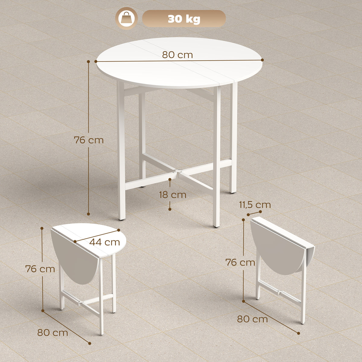 Table à manger pliante, table de cuisine ronde Ø 80 cm pour 4 personnes avec 2 abattants, pieds en acier, blanc-2