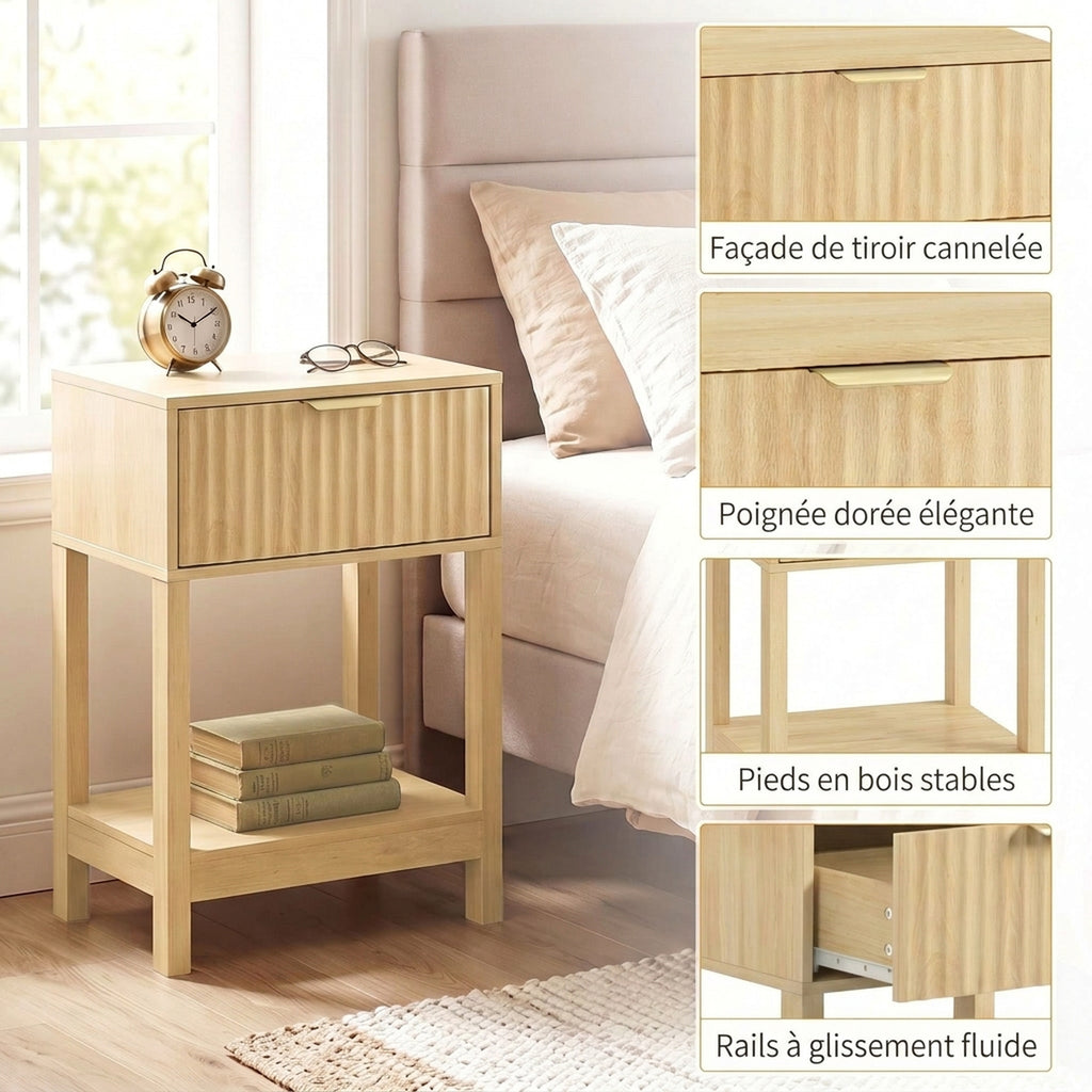 Lot de 2 Tables de Chevet, Tables d'Appoint avec Tiroir, Façade Rainurée et Étagère Ouverte, 40 x 30 x 60 cm, Chêne-5