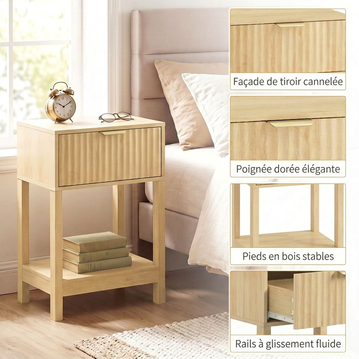 Lot de 2 Tables de Chevet, Tables d'Appoint avec Tiroir, Façade Rainurée et Étagère Ouverte, 40 x 30 x 60 cm, Chêne-5