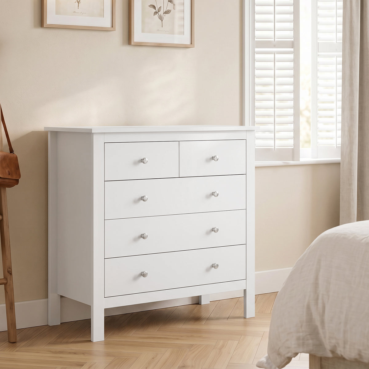Commode à 5 tiroirs, meuble de rangement, avec poignées, glissières métalliques,  en bois, 79l x 39,5P x 80,5H cm, blanc-1