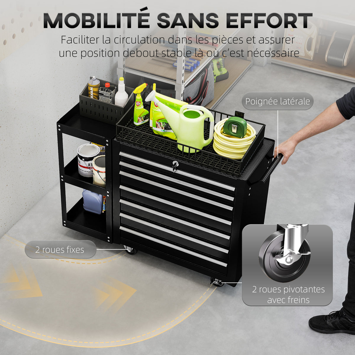 Servante d'Atelier en Acier à 7 Tiroirs, Chariot à Outils sur Roulettes avec Étagère Latérale Amovible, Noir-4