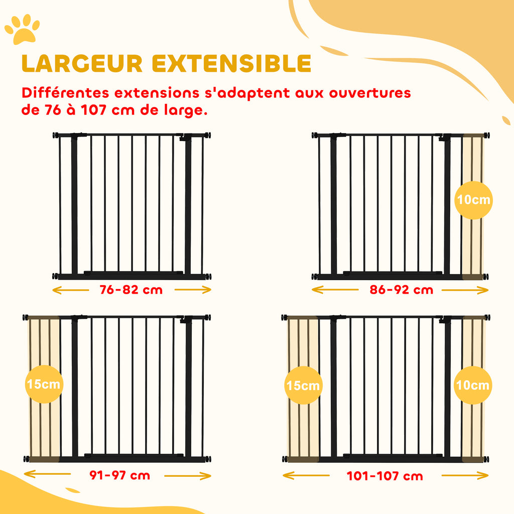 Barrière de Sécurité Chien Réglable 76-107 cm, avec 2 Rallonges (10/15 cm), Ouverture d'une Main, sans Perçage, Noir-3