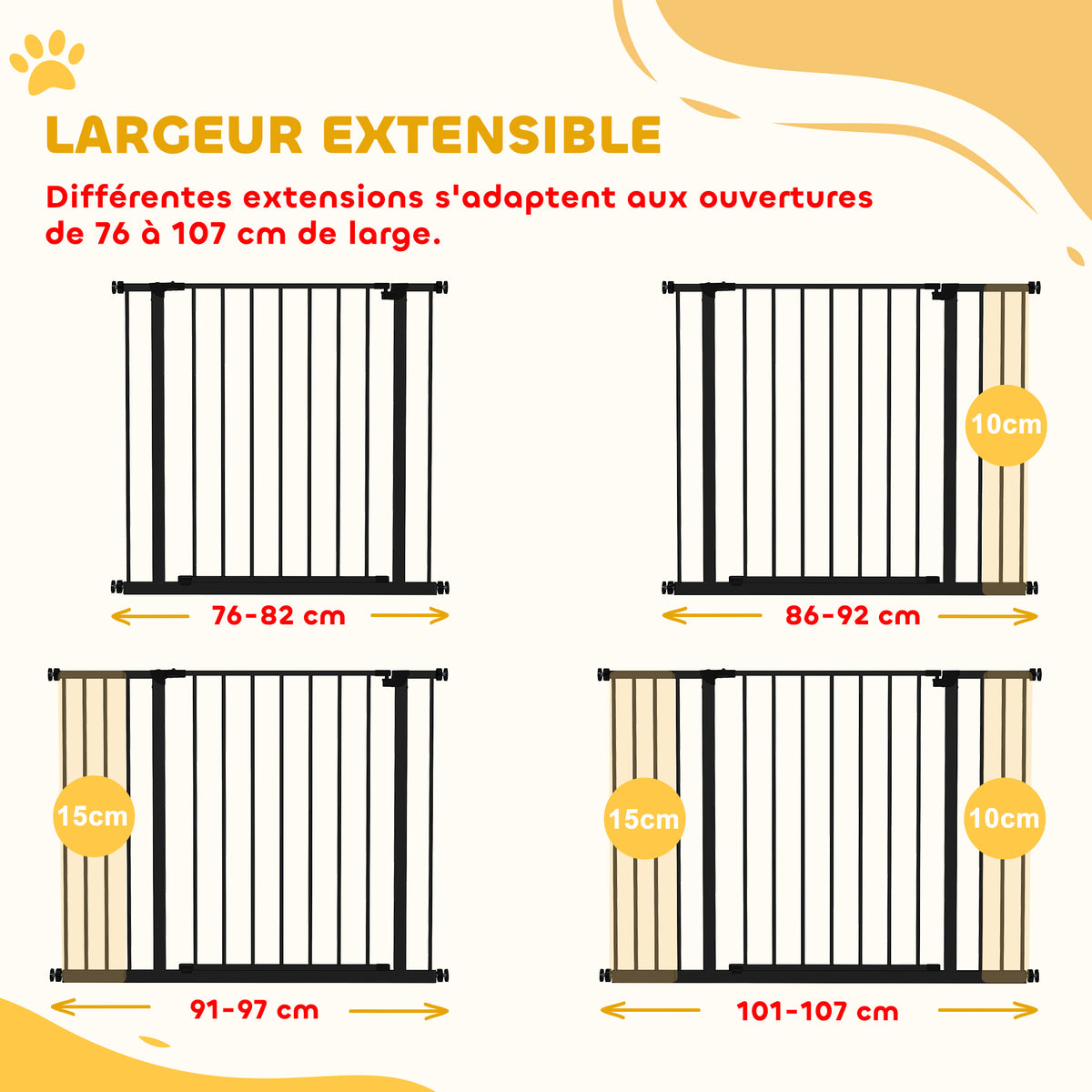 Barrière de Sécurité Chien Réglable 76-107 cm, avec 2 Rallonges (10/15 cm), Ouverture d'une Main, sans Perçage, Noir-3