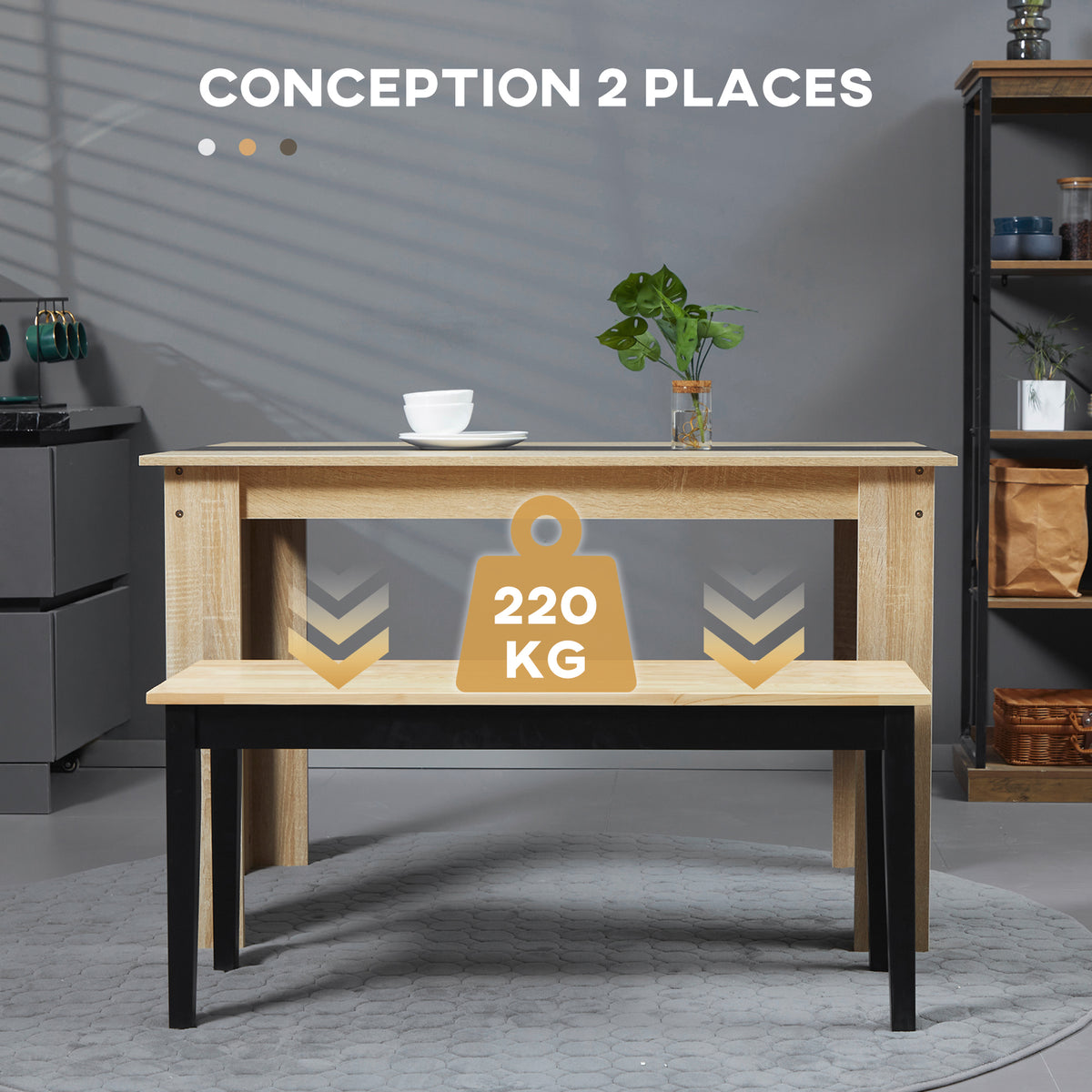 Banc en bois pour 2 personnes bicolore assise naturelle et piètement noir 102 x 36 x 45 cm-3