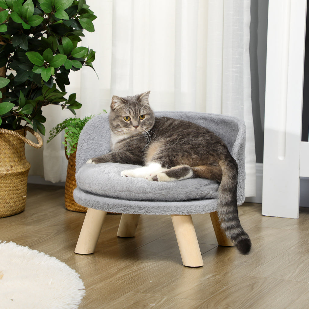 Canapé lit panier pour chien design scandinave coussin moelleux amovible pieds en bois Ø 40,5 x 33H cm gris-1