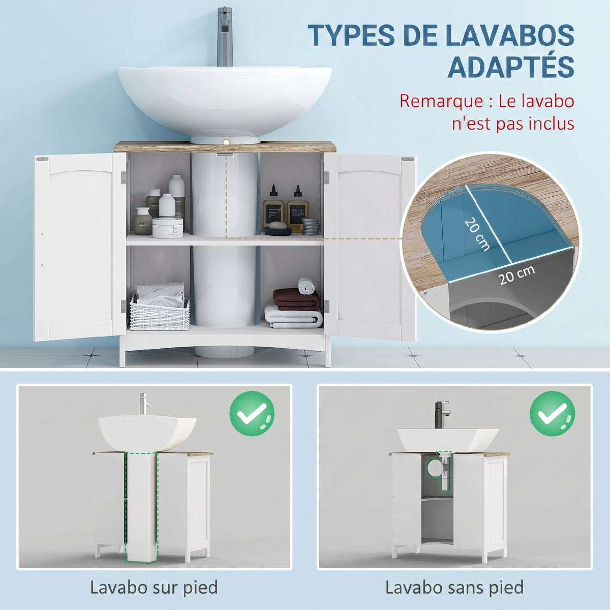 Meuble salle de bain sous lavabo à double portes avec étagères réglables, blanc et bois naturel-3