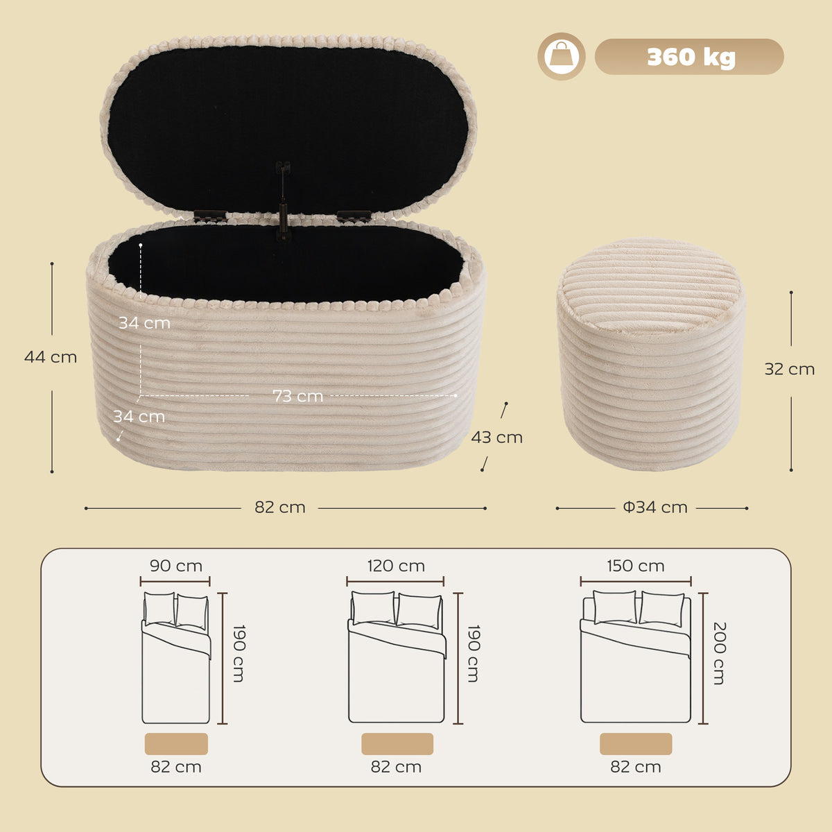 Banc de Rangement en Velours Pouf Coffre de Rangement Gigogne 3 en 1 avec 2 Petits Tabourets Intégrés 82x43x44cm Beige-2