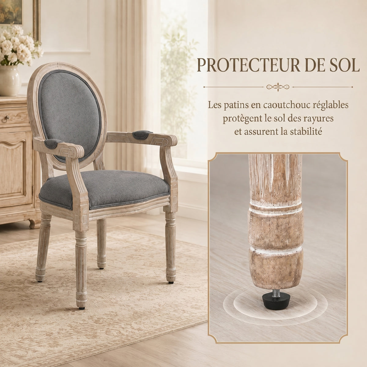 Chaise de Salle à Manger Chaise de Salon médaillon Style Louis XVI Bois Massif patiné sculpté Tissu Lin Gris-5