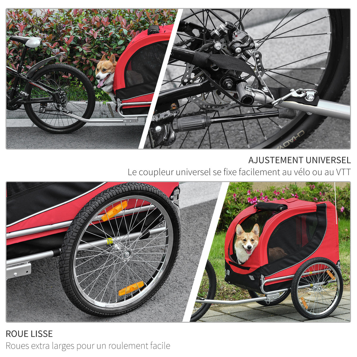 Remorque velo pour chien animaux avec 8 reflecteurs drapeau rouge noir-5