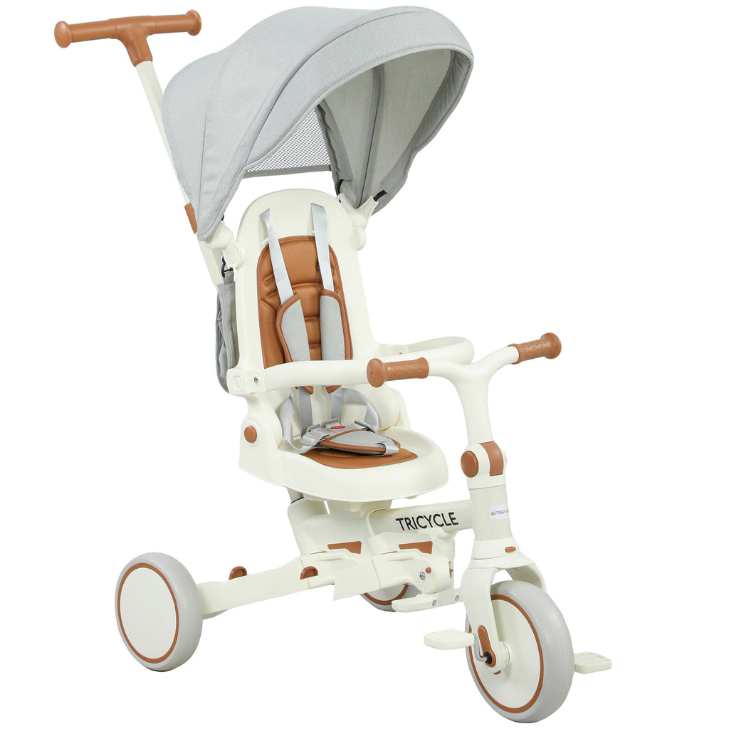 Tricycle bébé évolutif 5 en 1, tricycle enfant pliable avec poignée réglable, capote amovible, pour 1-3 ans, crème-0