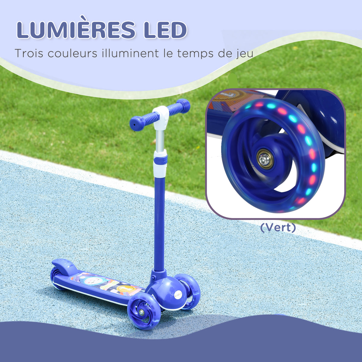 Trottinette enfant 3 Roues Lumineuses LED Hauteur Guidon réglable frein à Friction arrière de 2 à 6 ans Bleu-5