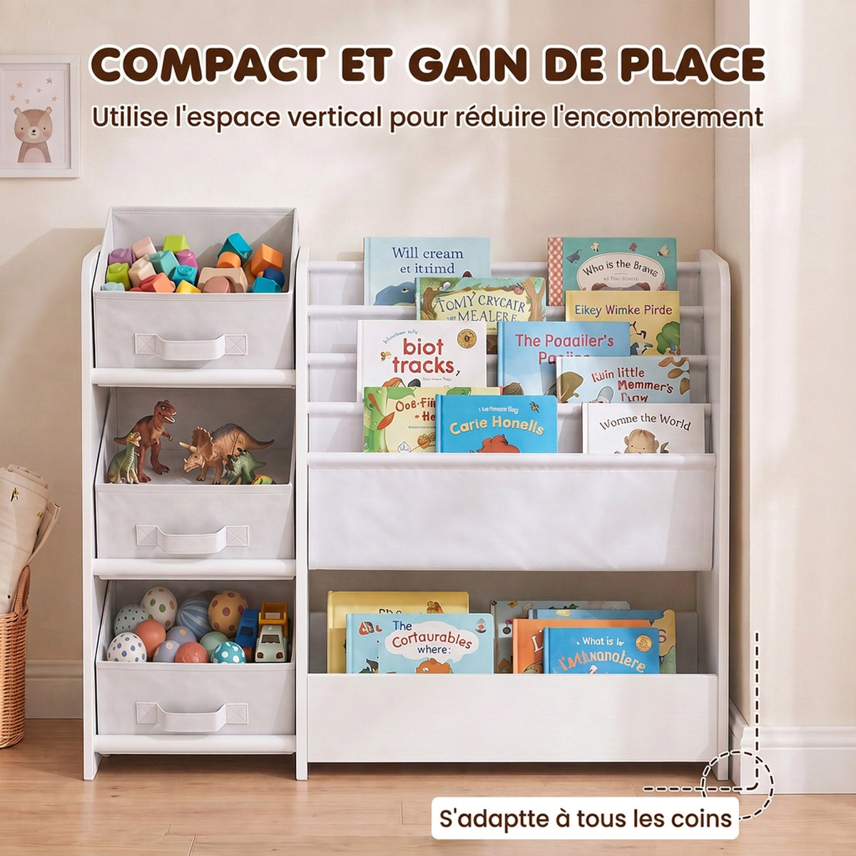 Meuble Rangement Enfant à 3 Niveaux avec 4 Porte-livres, 3 Bacs en Tissu et Compartiment, 64,5 x 30 x 66 cm, Blanc-5