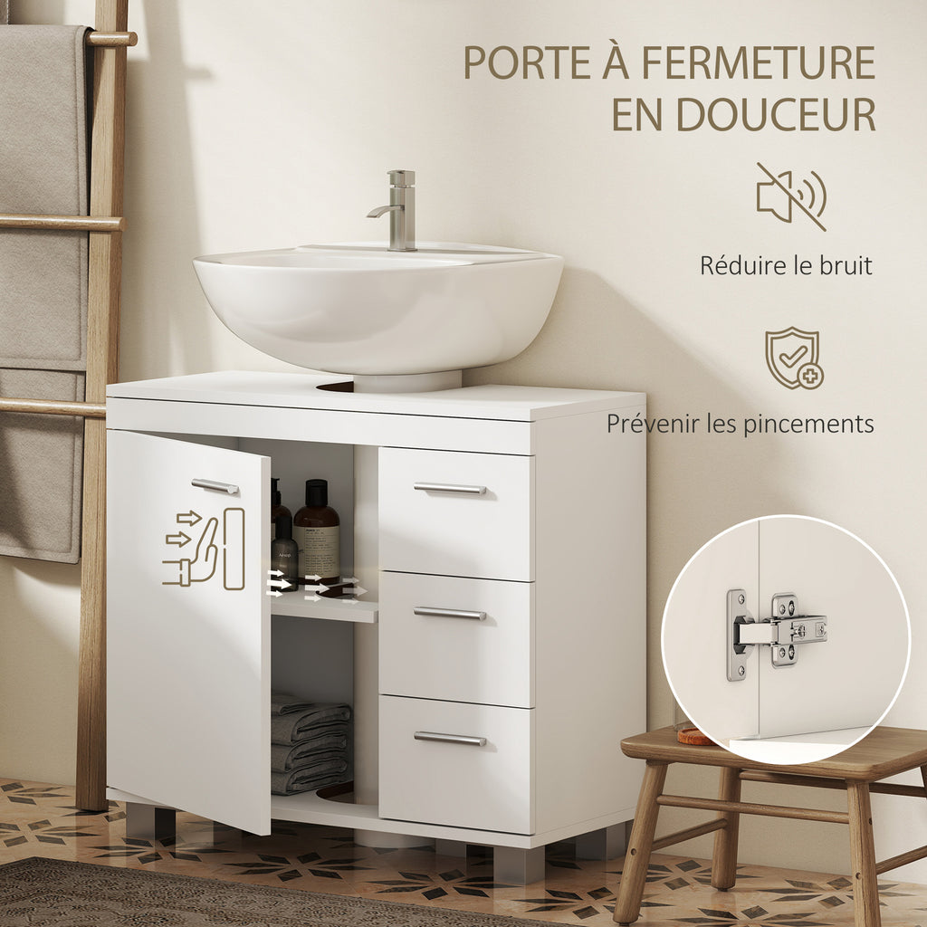 Meuble sous lavabo, meuble de salle de bain avec 3 tiroirs et porte à fermeture amortie, 70 x 30 x 64 cm, blanc-5