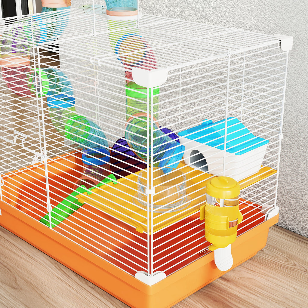 Cage à Hamster Rongeur 2 Niveaux avec Tunnel, Biberon d'Eau, Roue, Maisonnette, Échelles, 46 x 30 x 37 cm, Orange-7