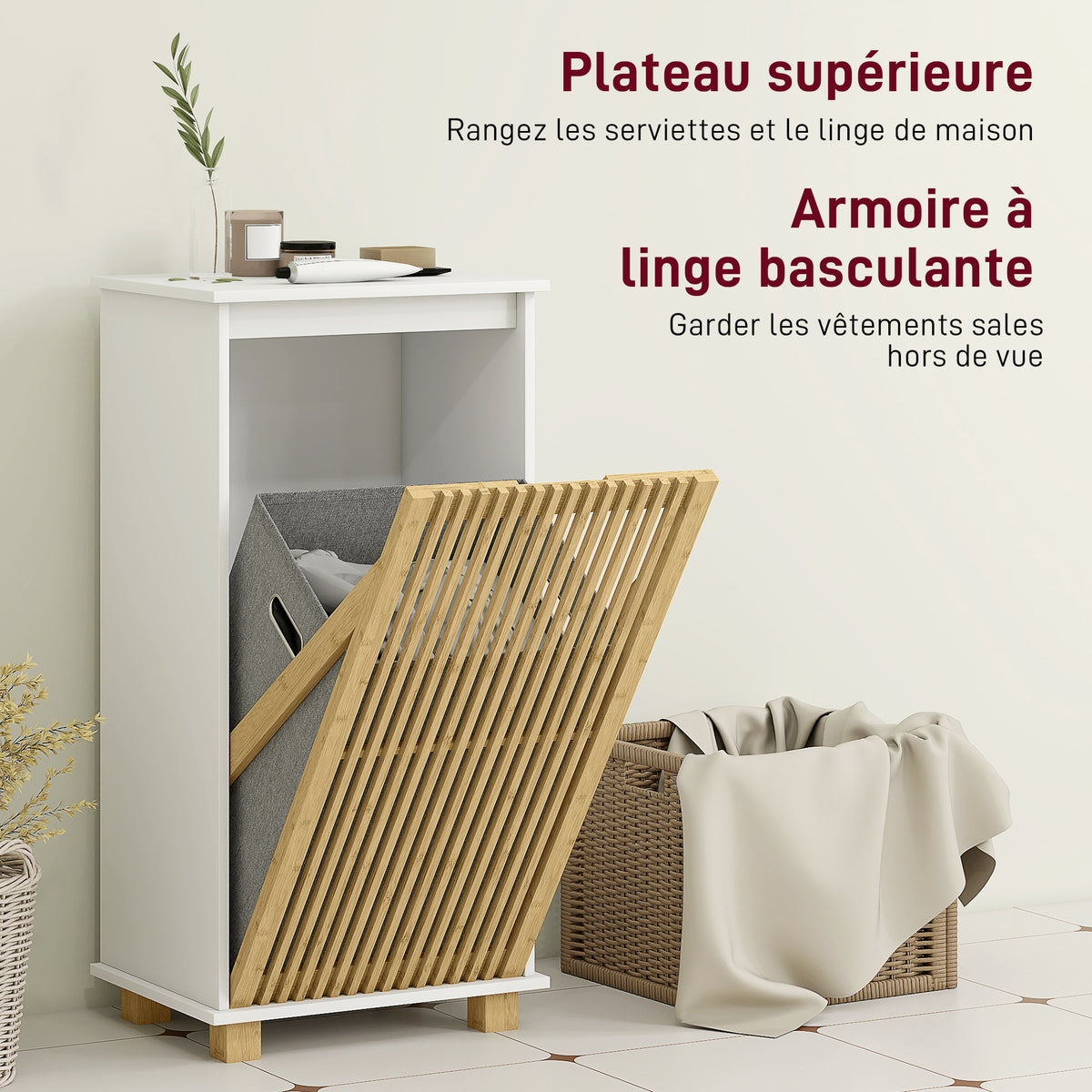 Meuble salle de bain avec panier à linge, porte à lattes en bambou et sac amovible, blanc et effet bois naturel-3