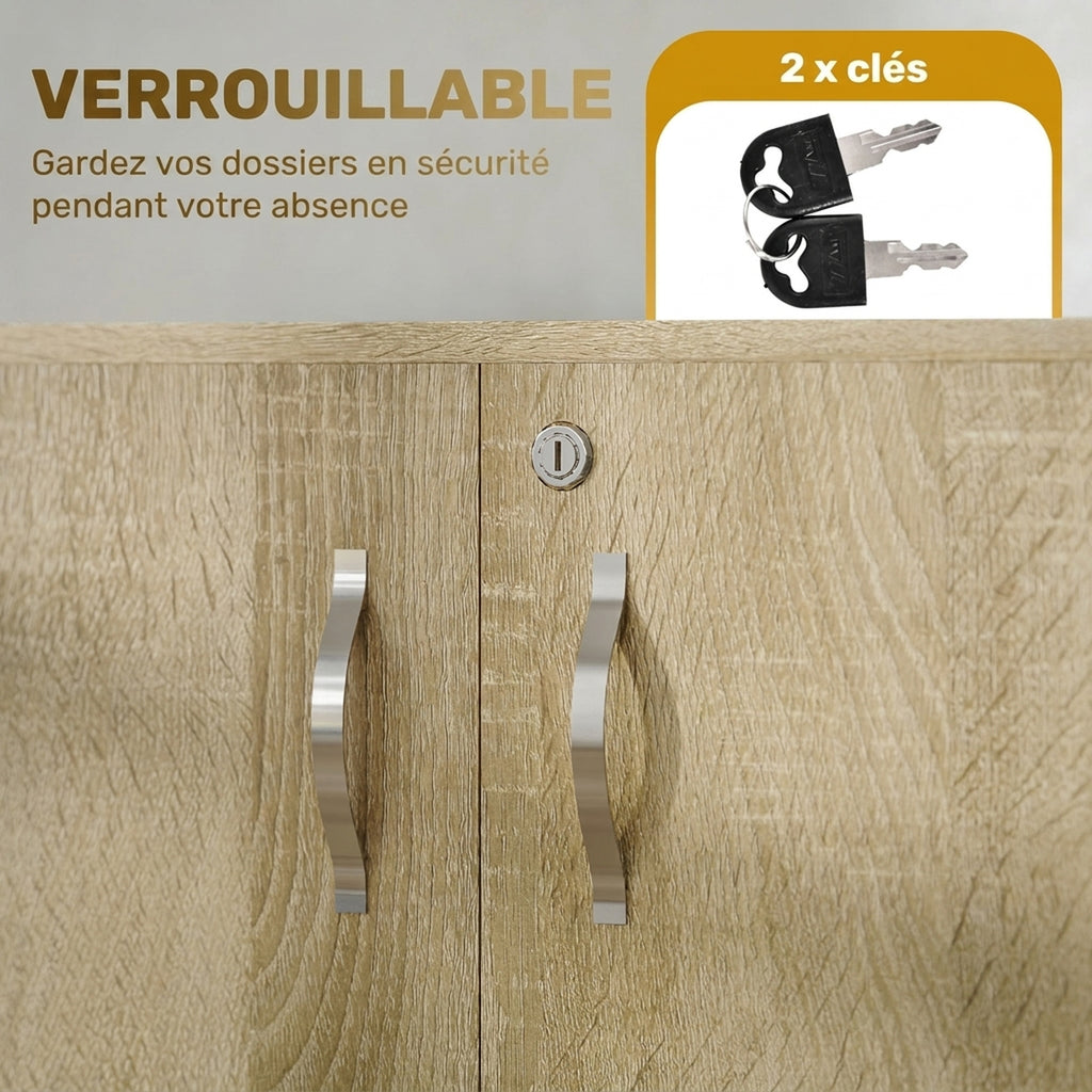 Armoire de bureau à 2 niveaux, meuble de rangement bureau avec 2 portes, serrures et clés, 80x40x80cm, chêne-5