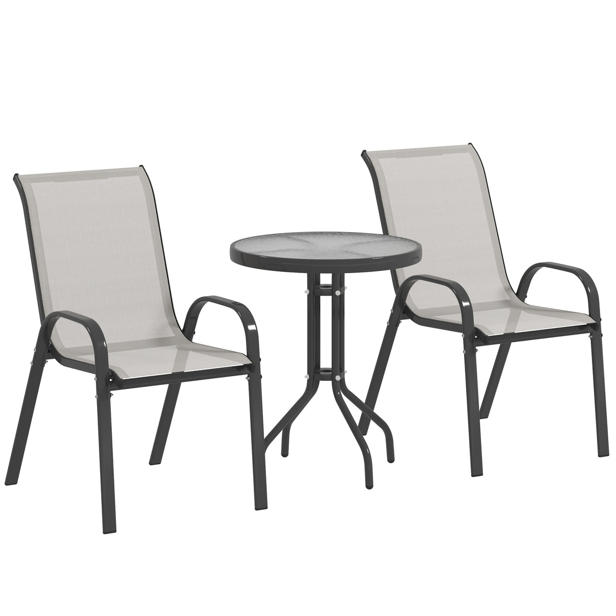 3 pièces salon de jardin extérieur ensemble de meubles 2 fauteuils empilables table basse dessus verre trempé gris clair-0