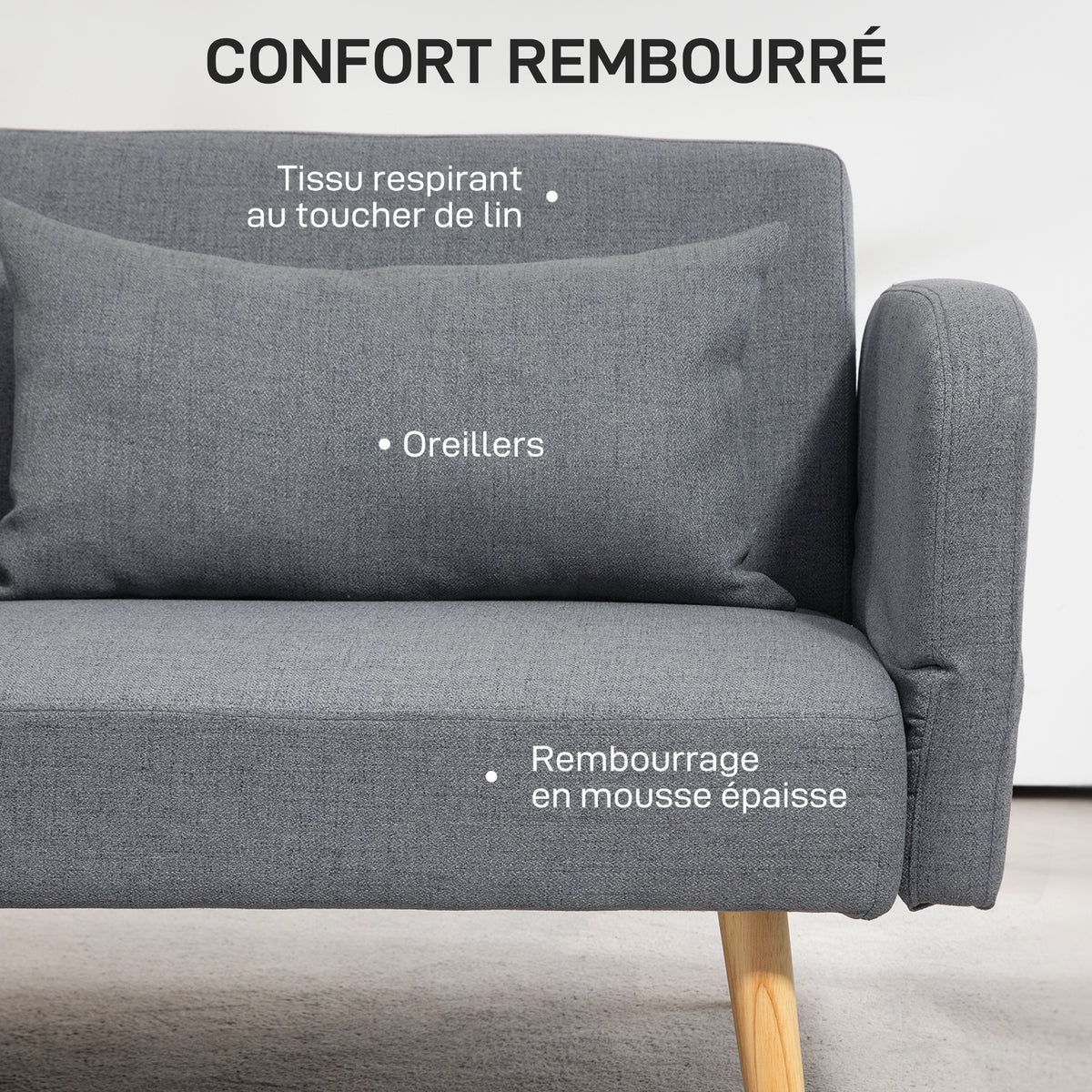 Canapé convertible 3 places design clic clac dossier inclinable et accoudoirs réglables tissu effet lin gris-4