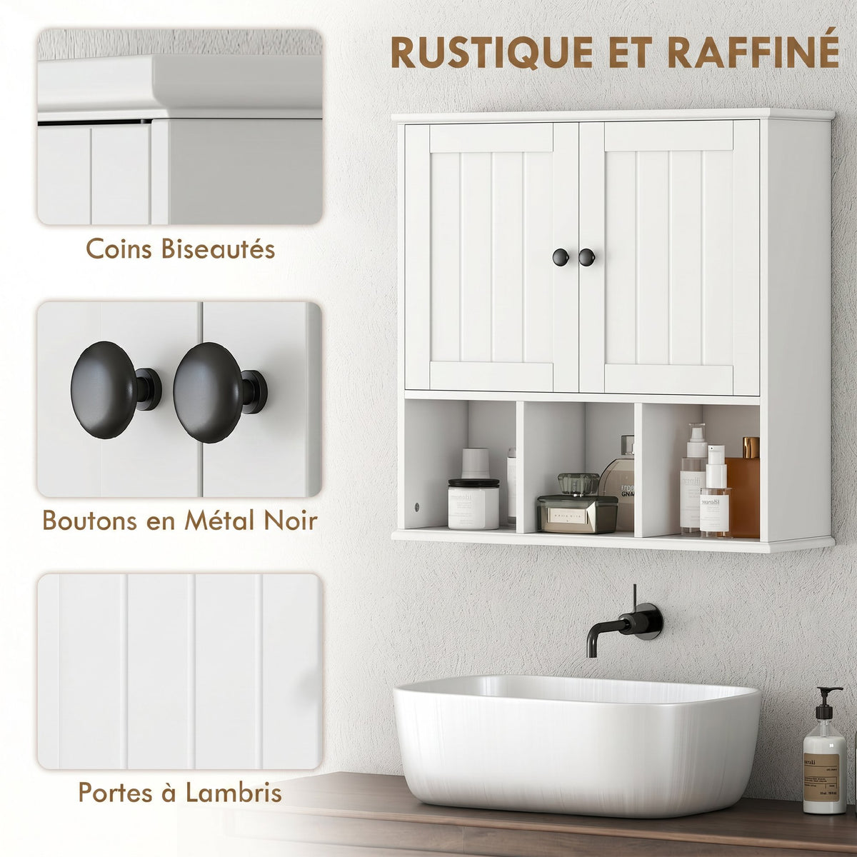Armoire murale de salle de bain, meuble de rangement avec 2 portes, étagère réglable et compartiments ouverts, blanc-6