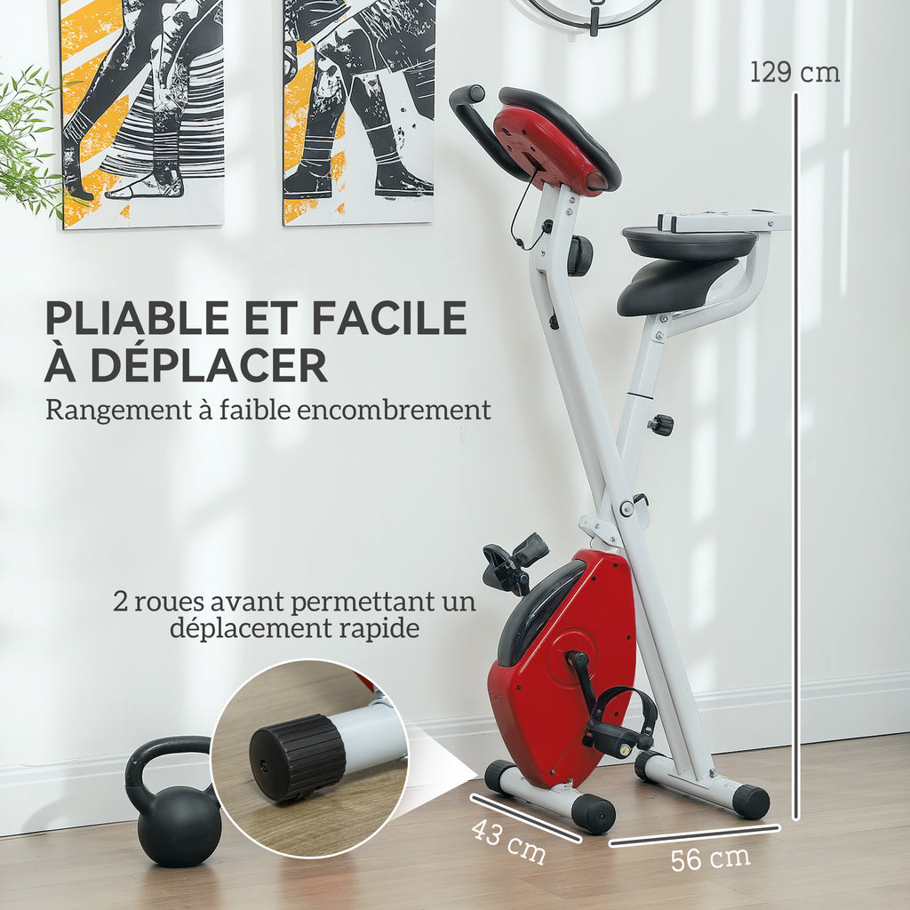 Vélo d'appartement pliable - 8 niveaux de résistance, selle et dossier réglables, rouge-6