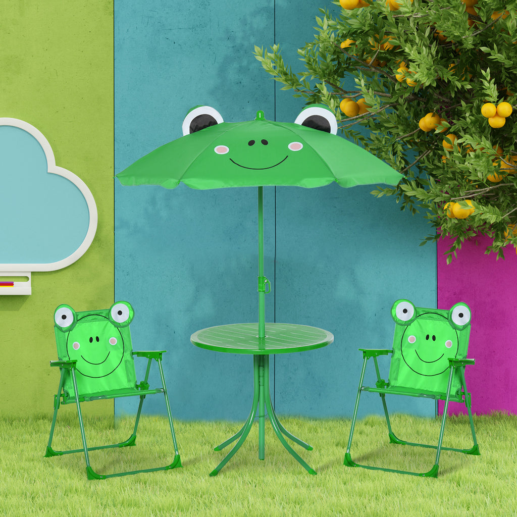 Ensemble Salon de Jardin Enfant 4 pcs Design Grenouille - Table Ronde + 2 chaises Pliables + Parasol - métal époxy Oxford Vert-9